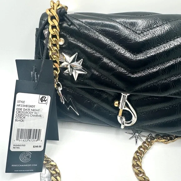 New Rebecca Minkoff Edie Leather Crossbody Bag Black Celestial Charm Quilted - Picture 3 of 14